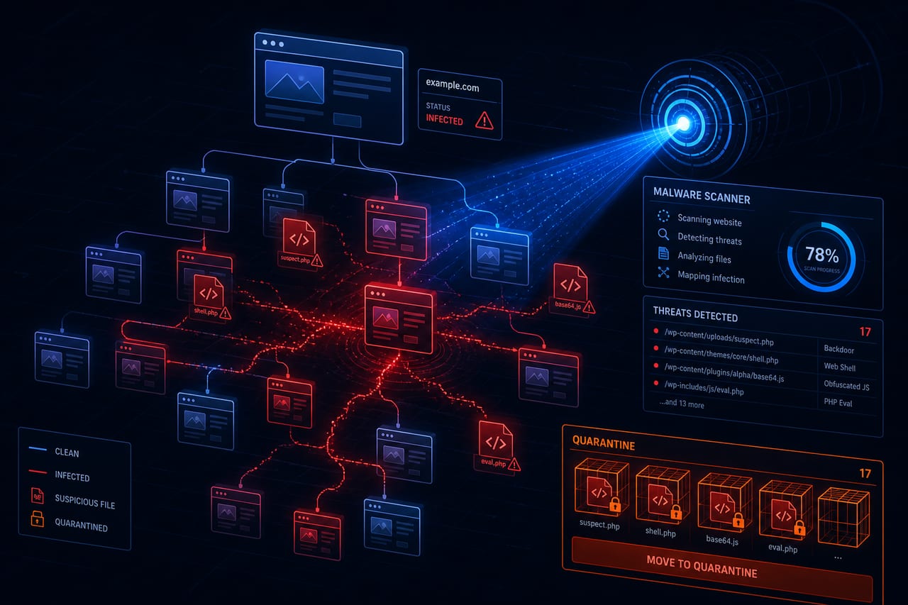 Abstract illustration of malware spreading through a website structure while scanner beams quarantine infected nodes
