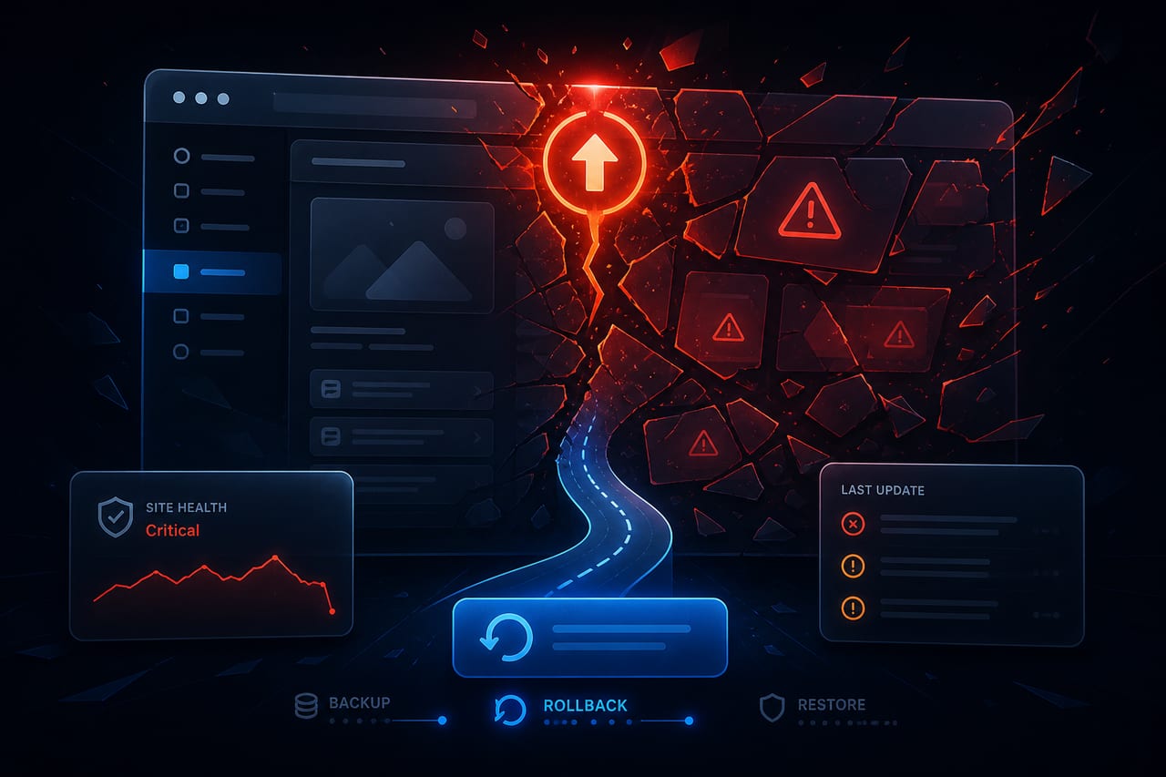 Abstract illustration of a website cracked by a failed update arrow with red warning status and a blue rollback path